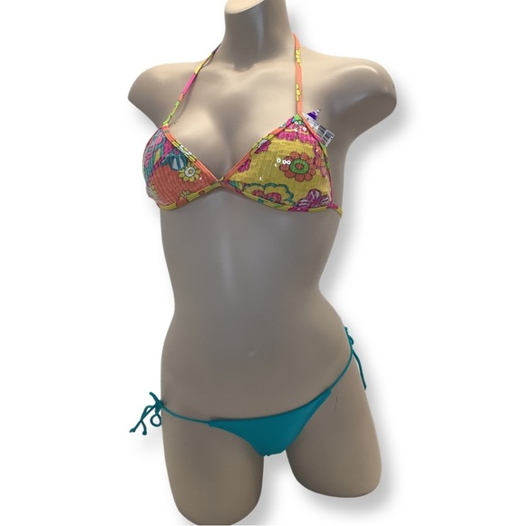 Recco Size Medium Brazilian Floral Yellow and Teal Side Tie Bikini Set. New - Picture 1 of 2